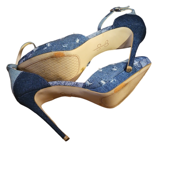 Jessica Simpson Denim Patchwork Ankle Strap Heels Sz 9 - Picture 4 of 4